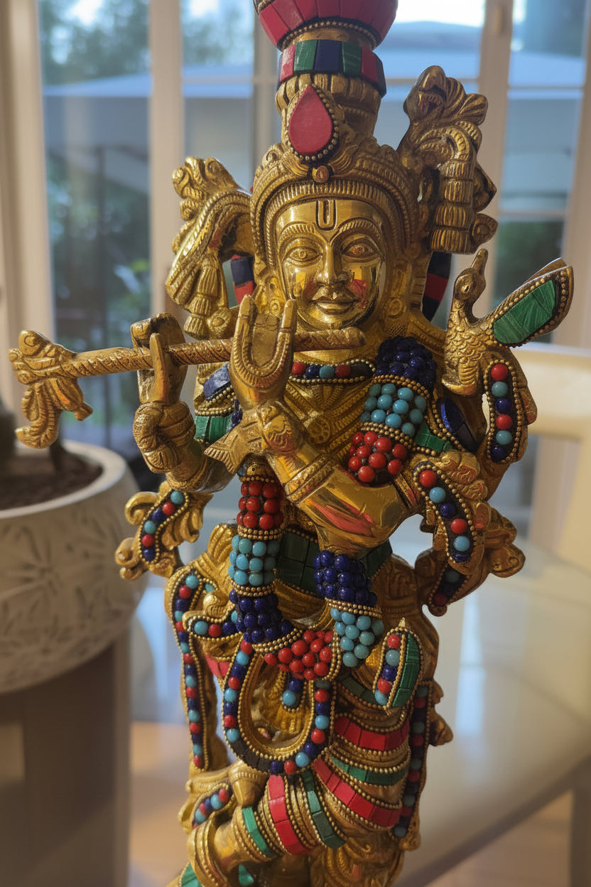 Brass Krisha idol with Prabhavali, Murli Krishna statue