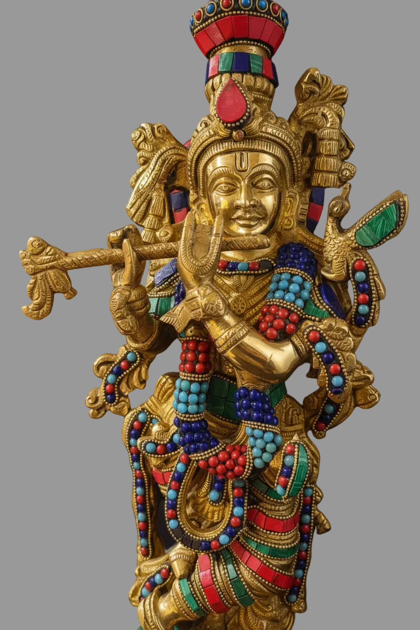 Brass Krisha idol with Prabhavali, Murli Krishna statue