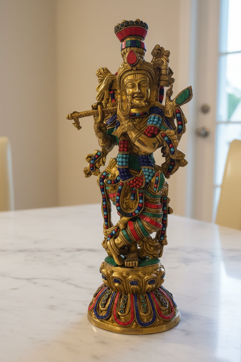 Brass Krisha idol with Prabhavali, Murli Krishna statue