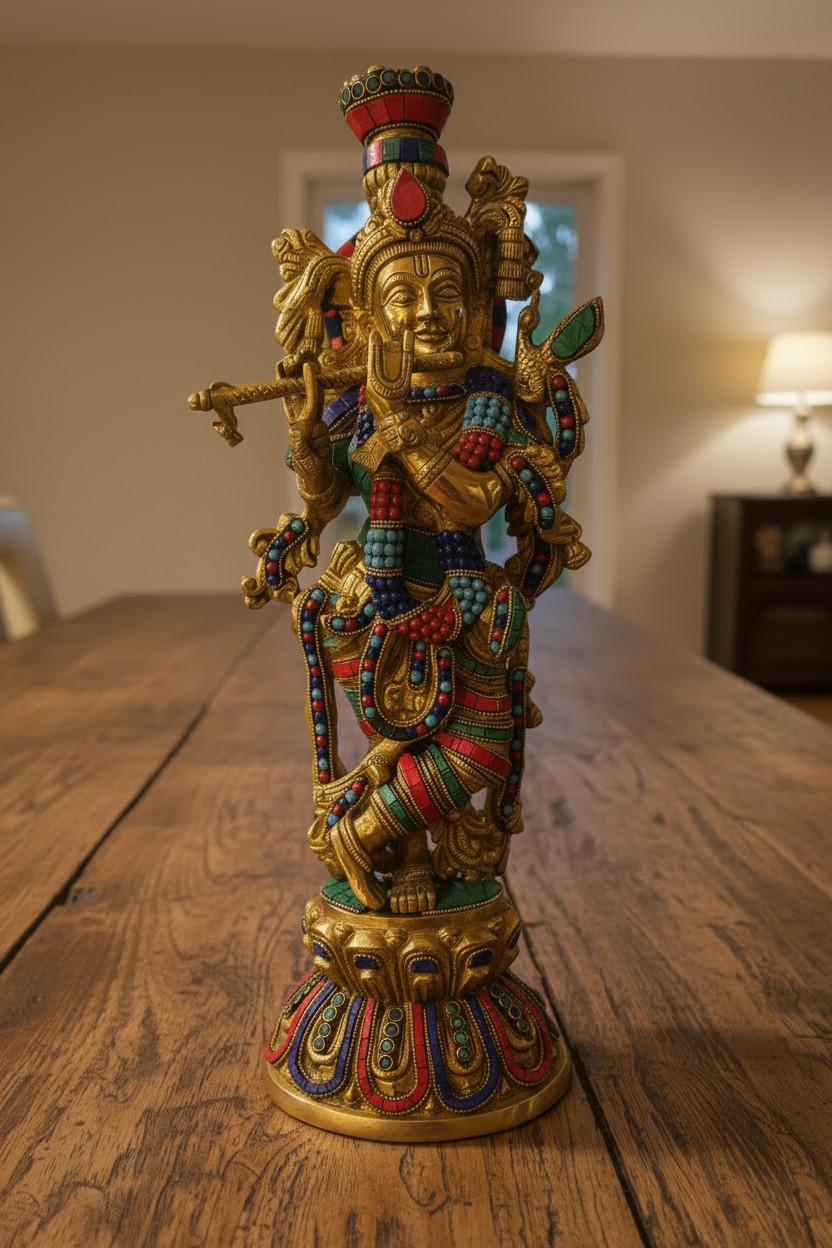 Brass Krisha idol with Prabhavali, Murli Krishna statue