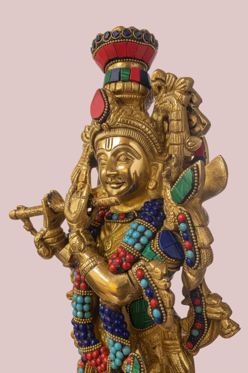 Brass Krisha idol with Prabhavali, Murli Krishna statue