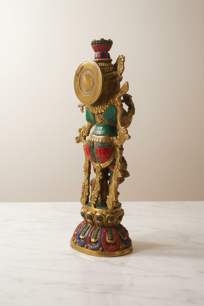 Brass Krisha idol with Prabhavali, Murli Krishna statue