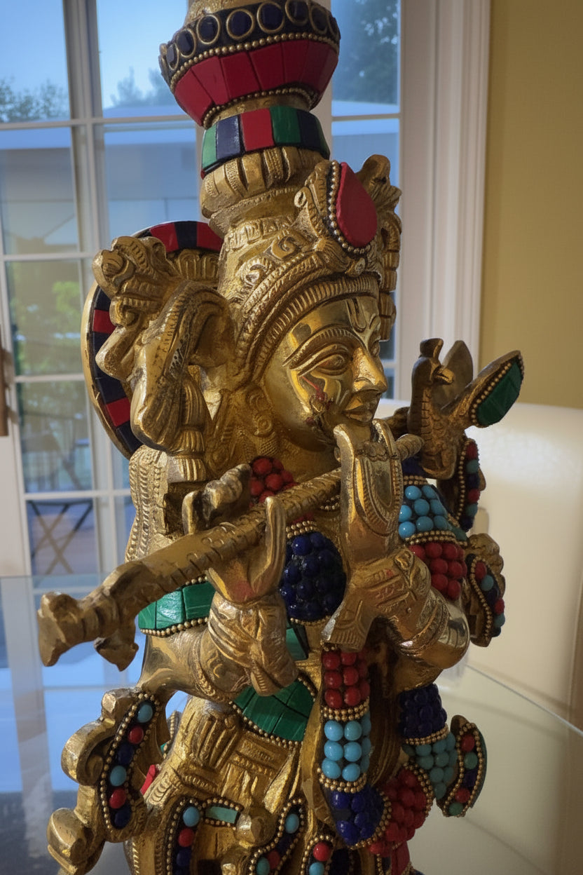 Brass Krisha idol with Prabhavali, Murli Krishna statue