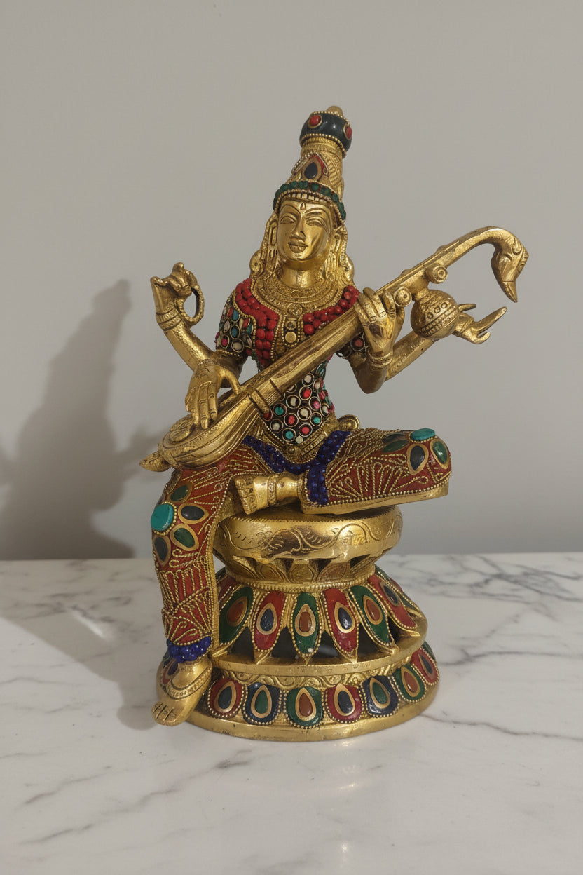 Brass Sarasvati Statue with veena sitting on Kamalasana
