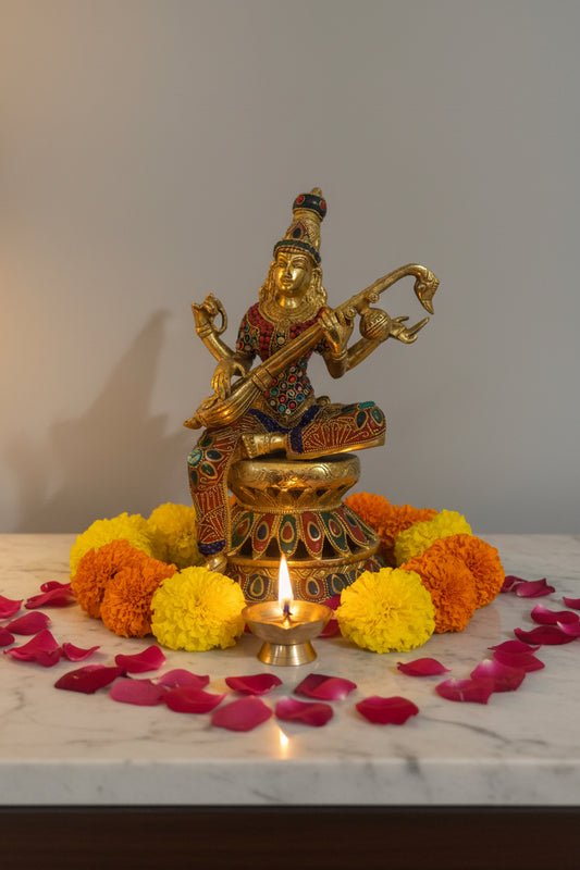 Brass Sarasvati Statue with veena sitting on Kamalasana