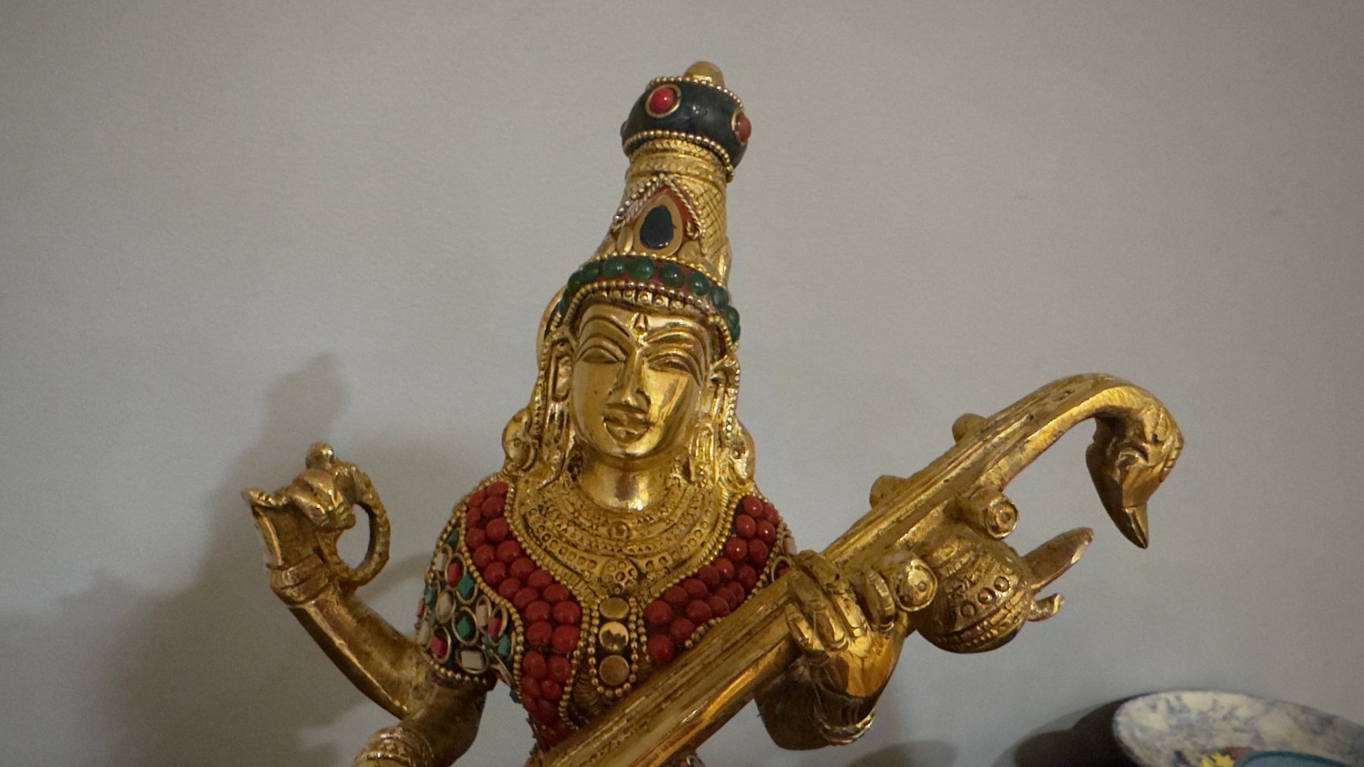Brass Sarasvati Statue with veena sitting on Kamalasana