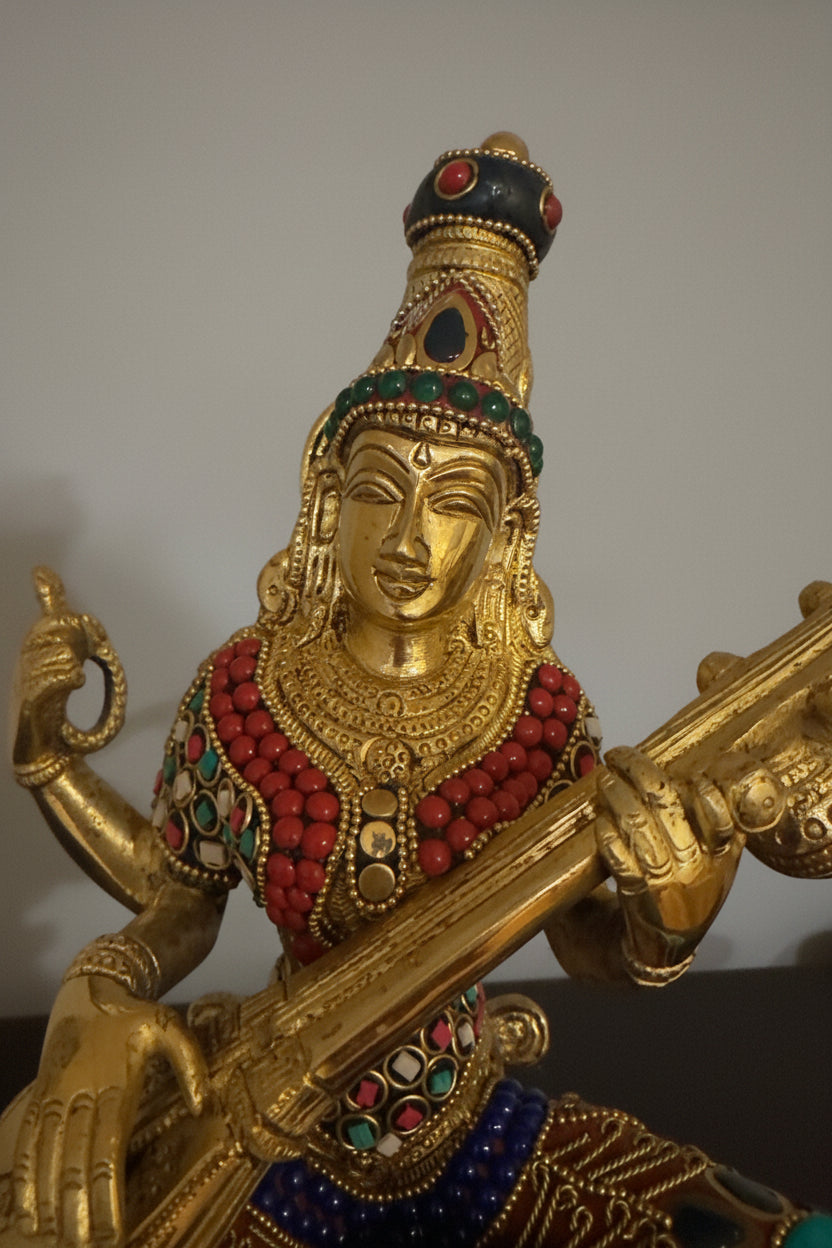Brass Sarasvati Statue with veena sitting on Kamalasana
