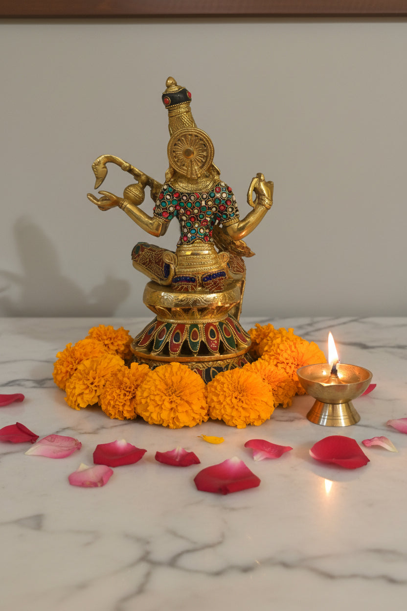 Brass Sarasvati Statue with veena sitting on Kamalasana