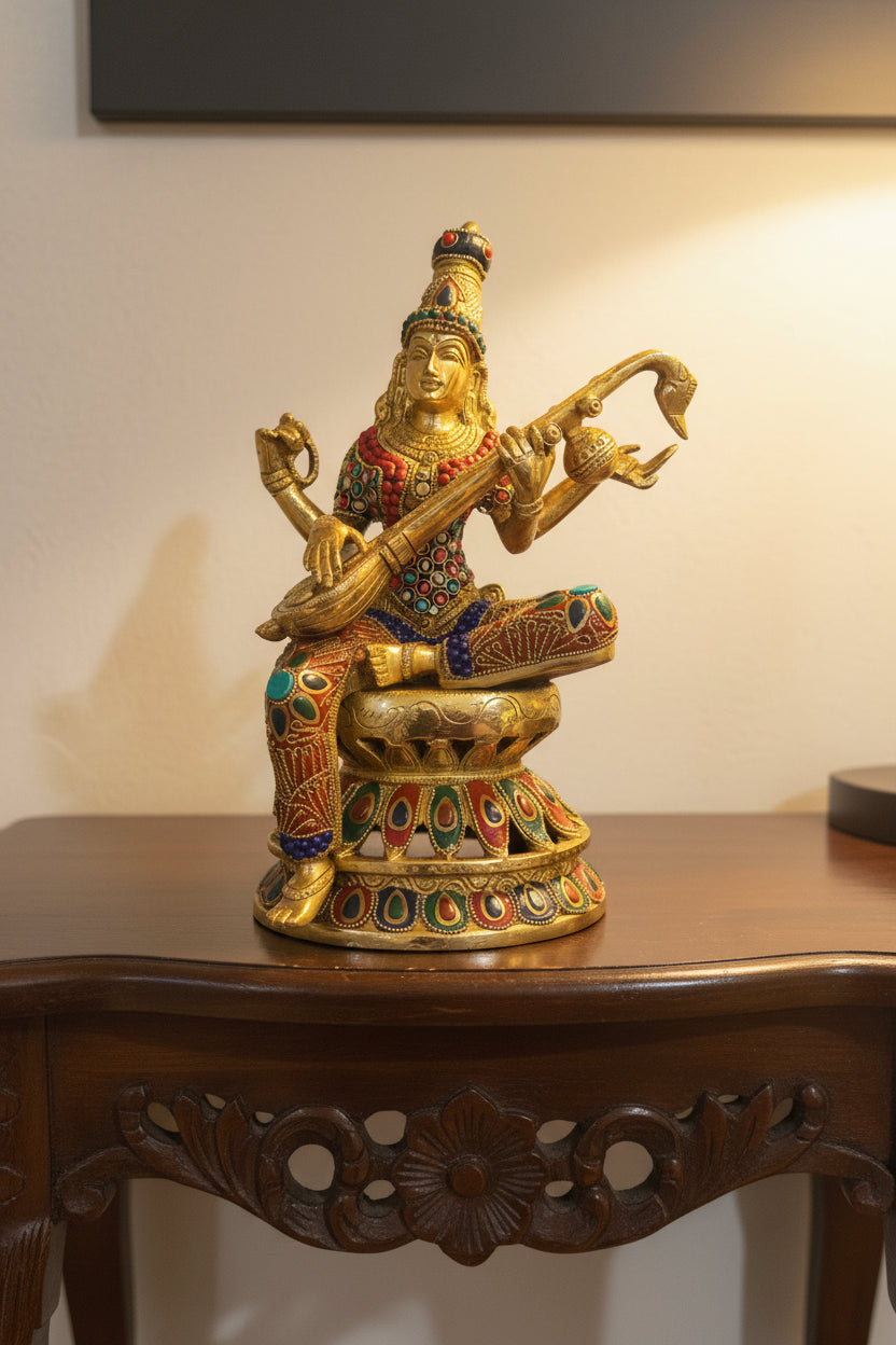 Brass Sarasvati Statue with veena sitting on Kamalasana