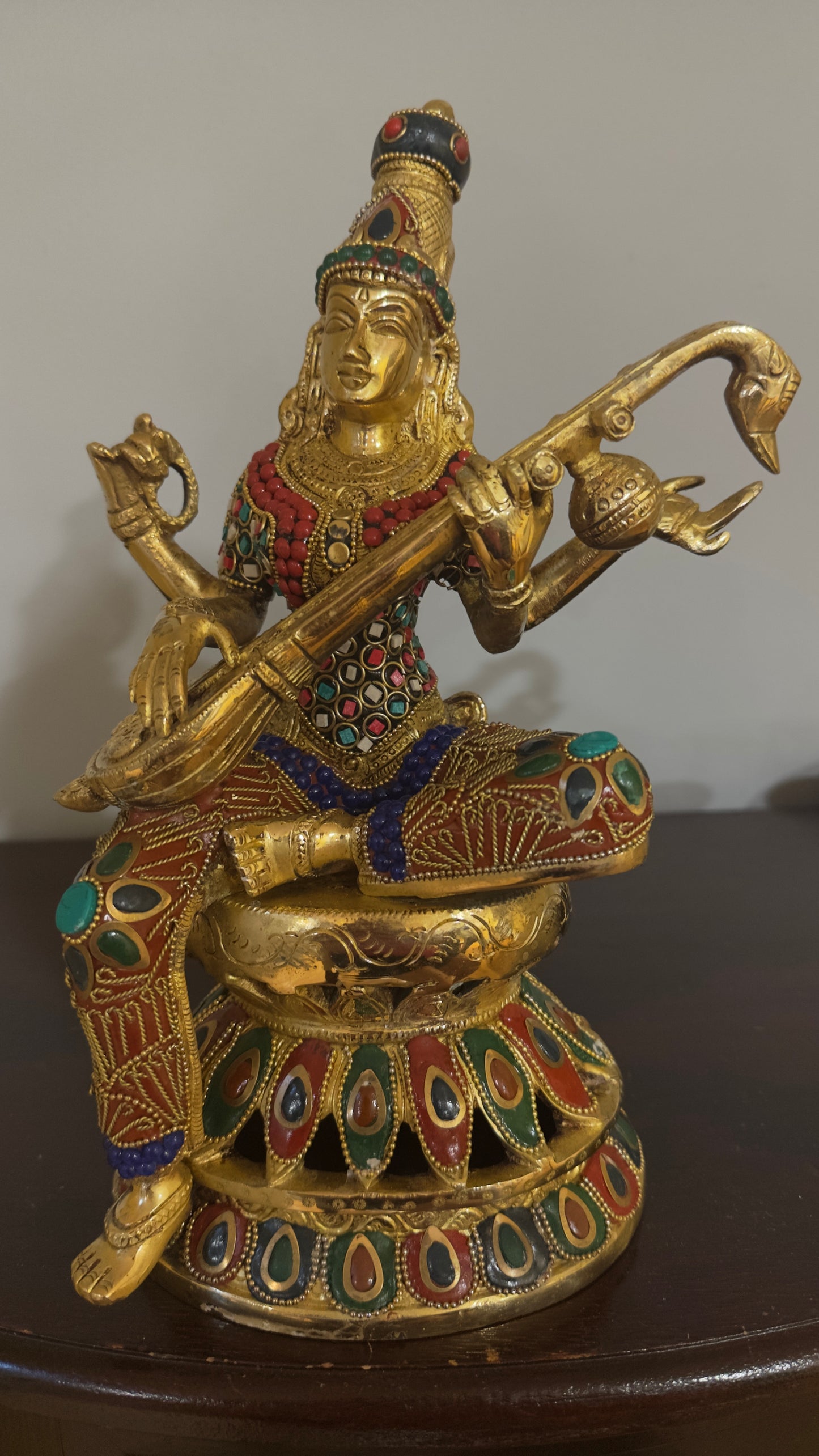 Brass Sarasvati Statue with veena sitting on Kamalasana