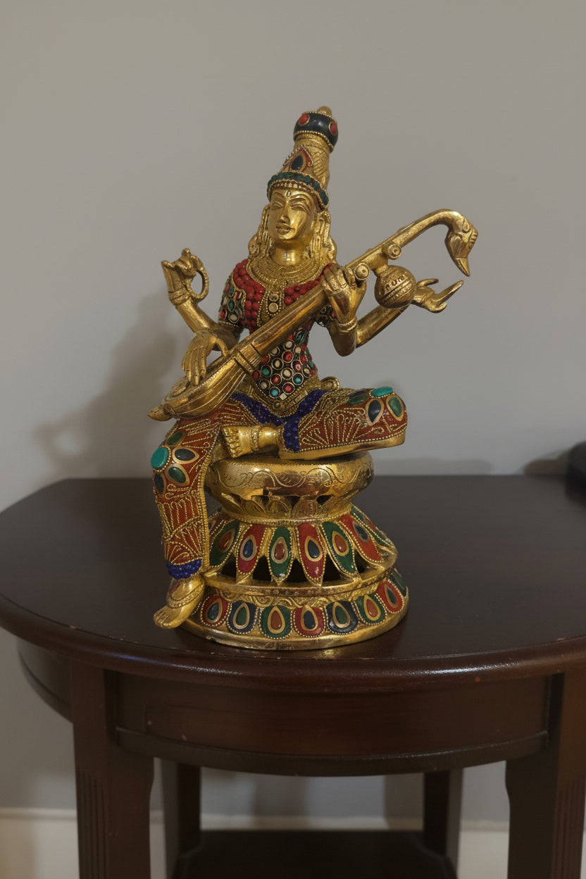 Brass Sarasvati Statue with veena sitting on Kamalasana