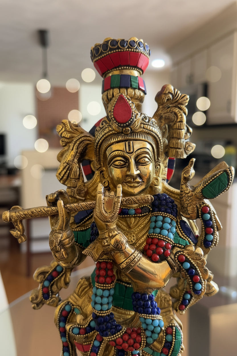 Brass Krisha idol with Prabhavali, Murli Krishna statue