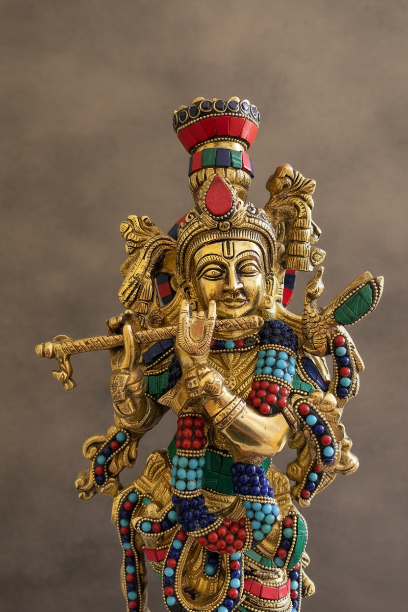 Brass Krisha idol with Prabhavali, Murli Krishna statue