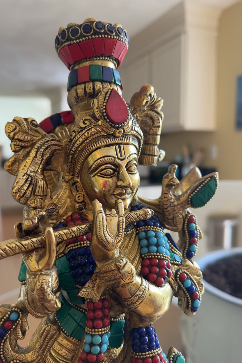 Brass Krisha idol with Prabhavali, Murli Krishna statue