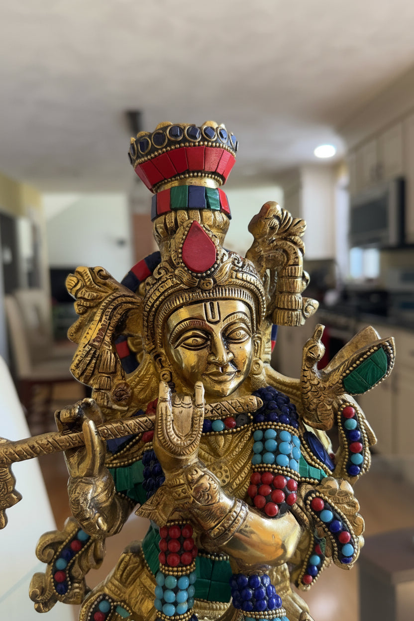 Brass Krisha idol with Prabhavali, Murli Krishna statue