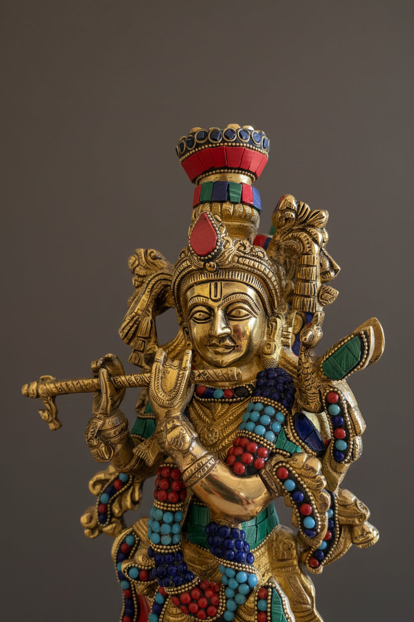 Brass Krisha idol with Prabhavali, Murli Krishna statue