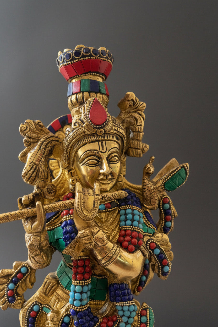 Brass Krisha idol with Prabhavali, Murli Krishna statue