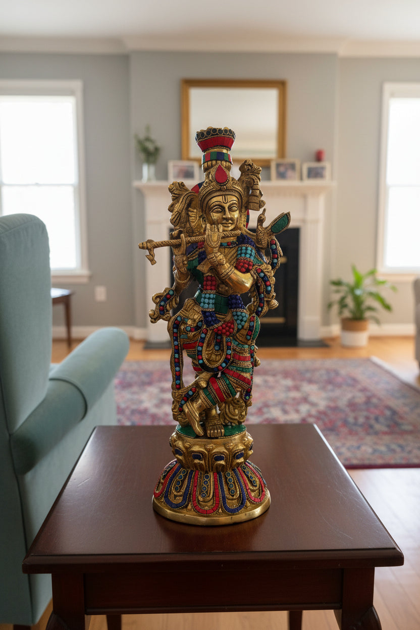 Brass Krisha idol with Prabhavali, Murli Krishna statue