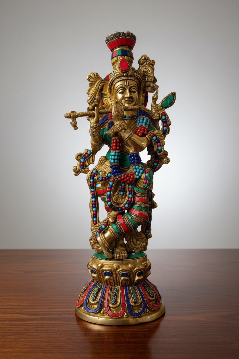 Brass Krisha idol with Prabhavali, Murli Krishna statue