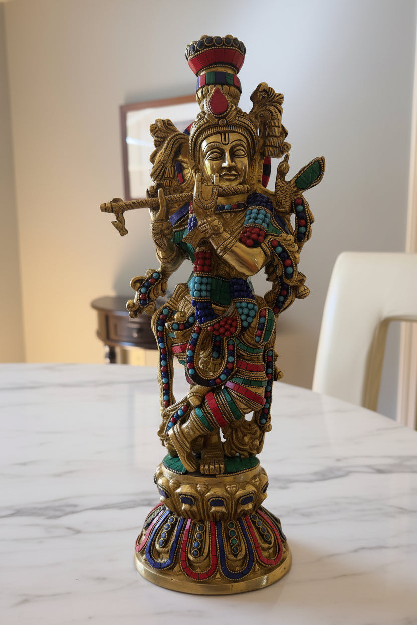 Brass Krisha idol with Prabhavali, Murli Krishna statue