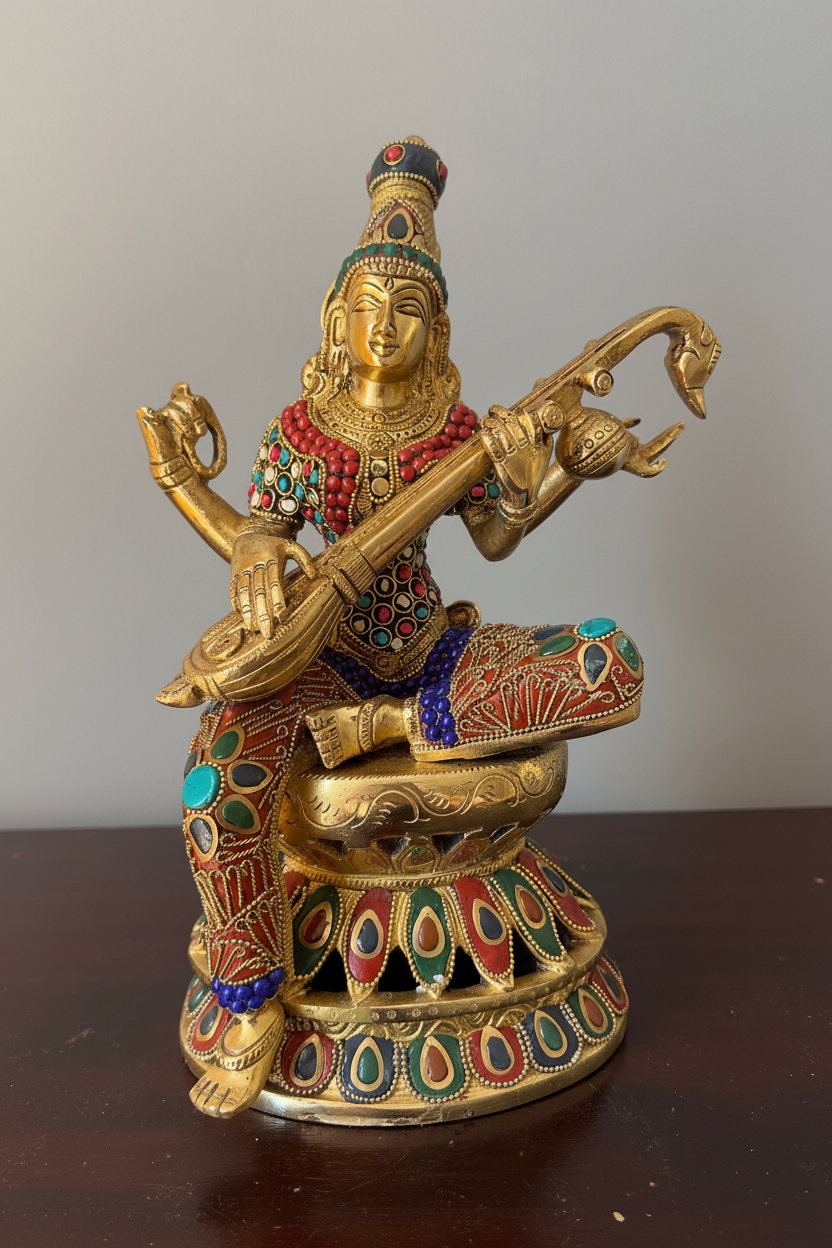 Sarasvati idolwith stonework; Brass Sarasvati Goddess of wisdom Playing veena 12"