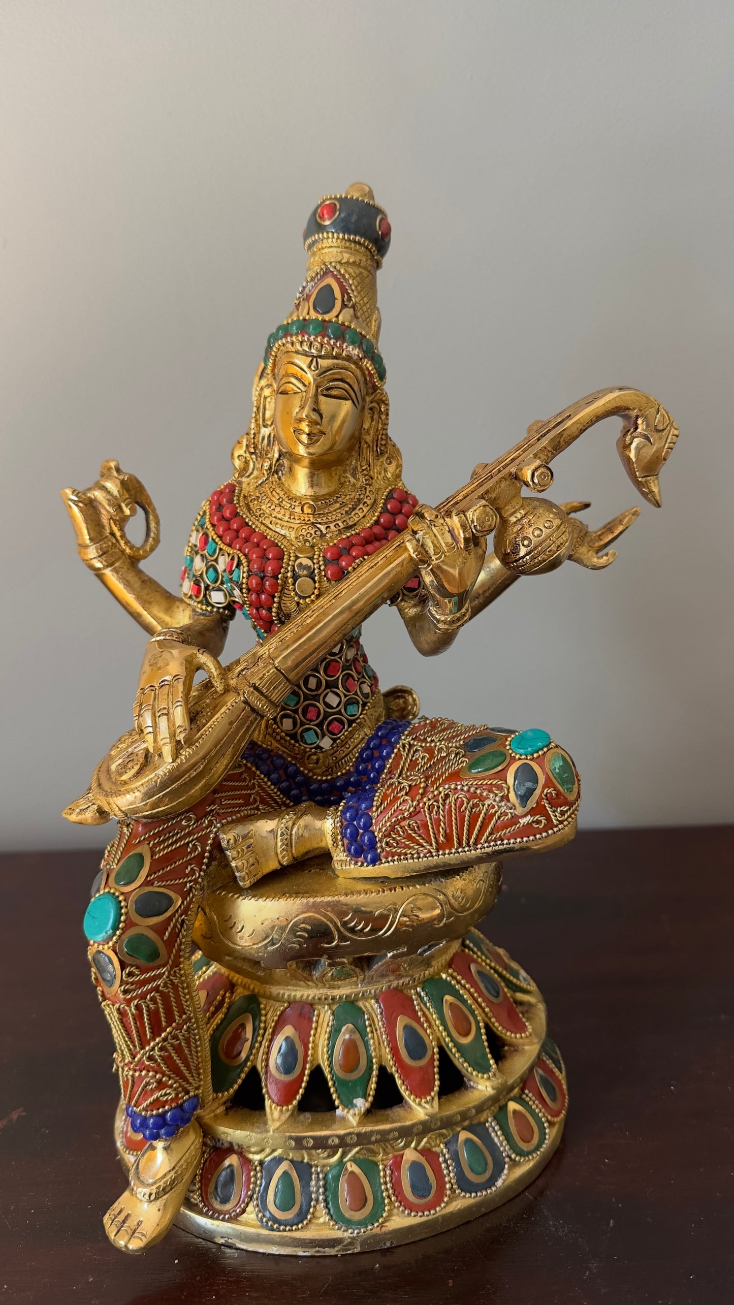 Brass Sarasvati Statue with veena sitting on Kamalasana