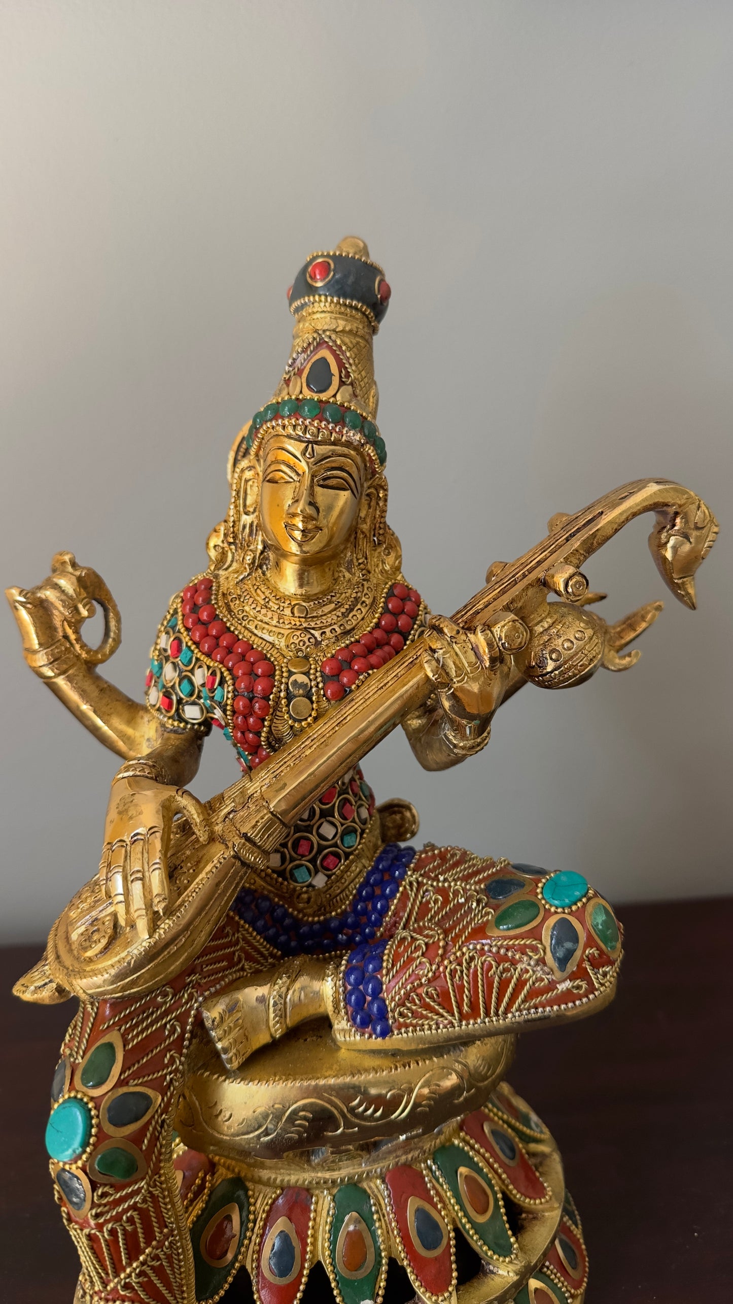 Sarasvati idolwith stonework; Brass Sarasvati Goddess of wisdom Playing veena 12"