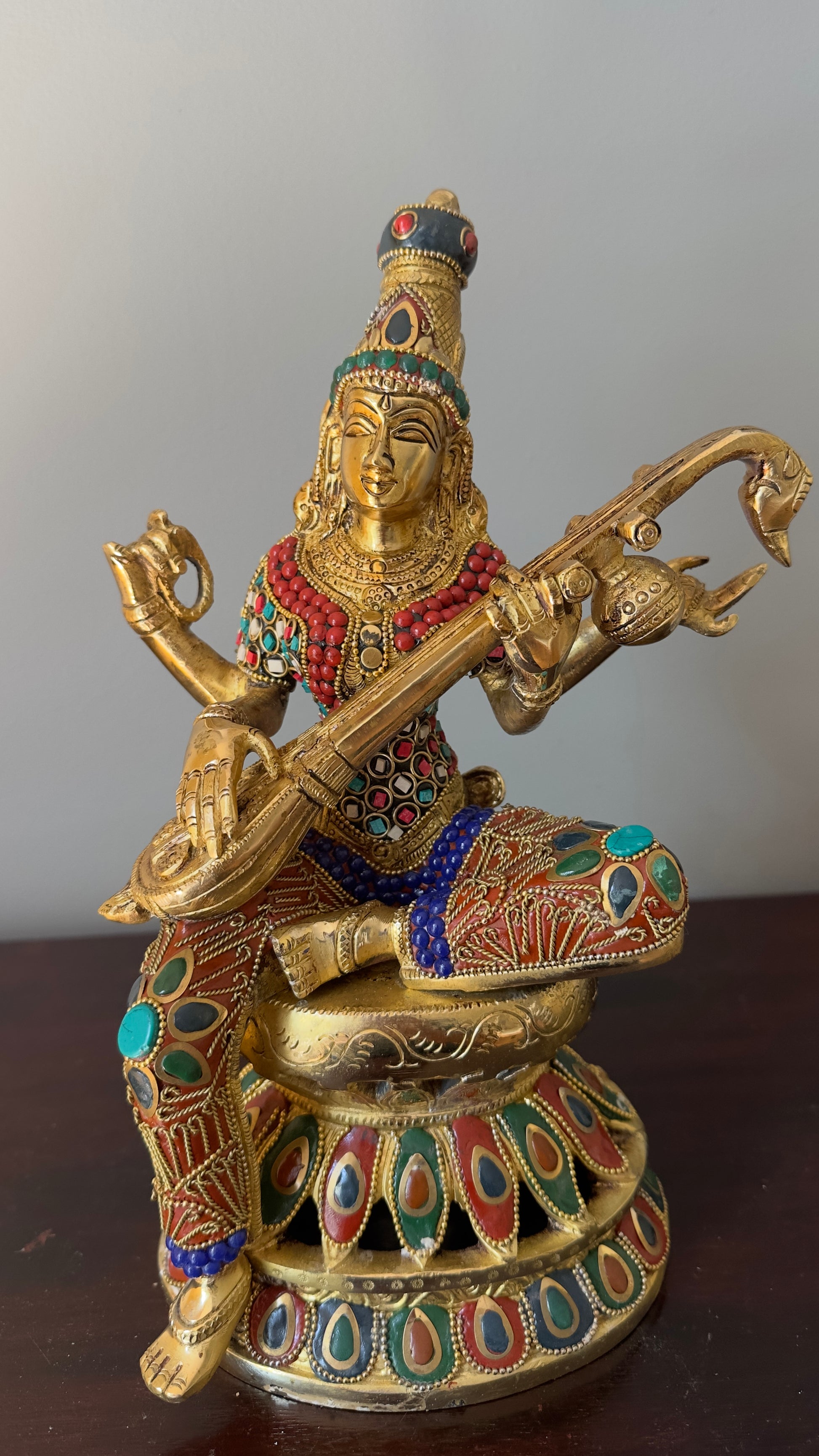 Sarasvati idolwith stonework; Brass Sarasvati Goddess of wisdom Playing veena 12"