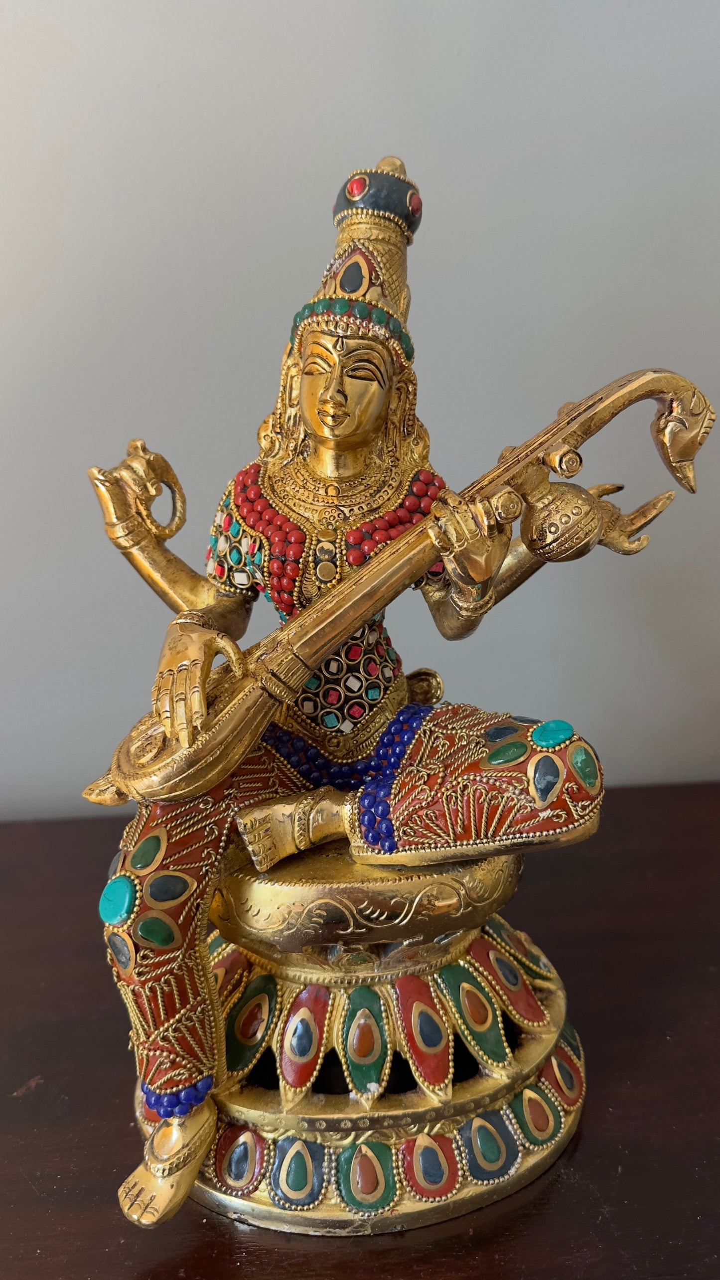 Brass Sarasvati Statue with veena sitting on Kamalasana