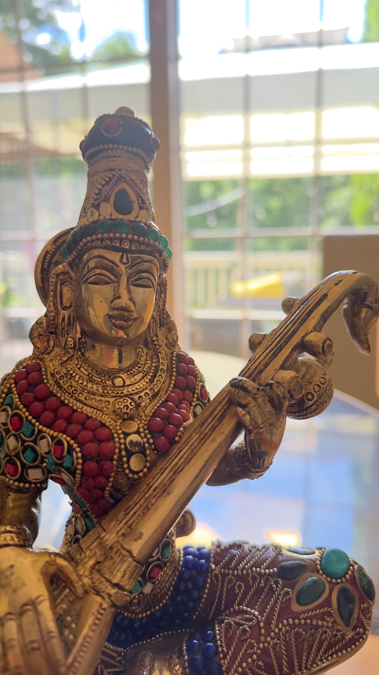 Sarasvati idolwith stonework; Brass Sarasvati Goddess of wisdom Playing veena 12"