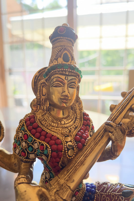 Brass Sarasvati Statue with veena sitting on Kamalasana