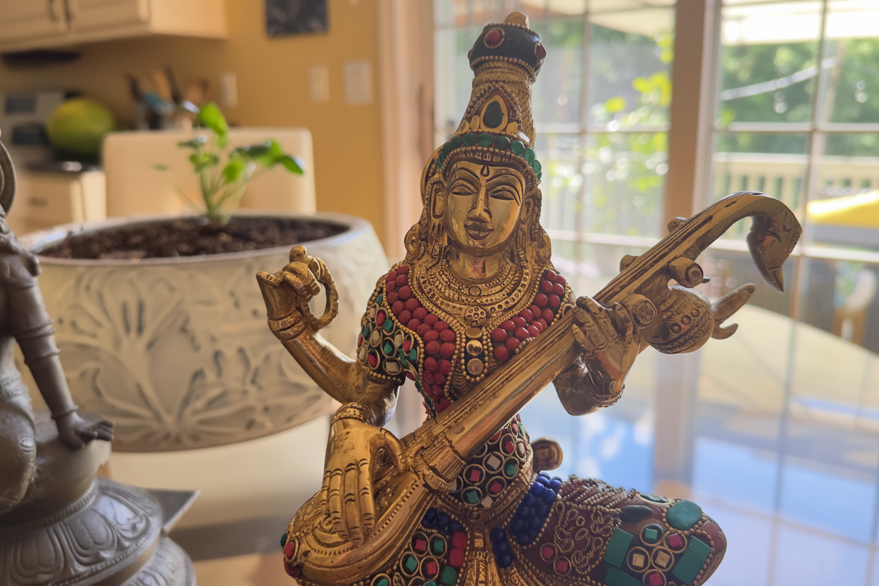 Brass Sarasvati Statue with veena sitting on Kamalasana