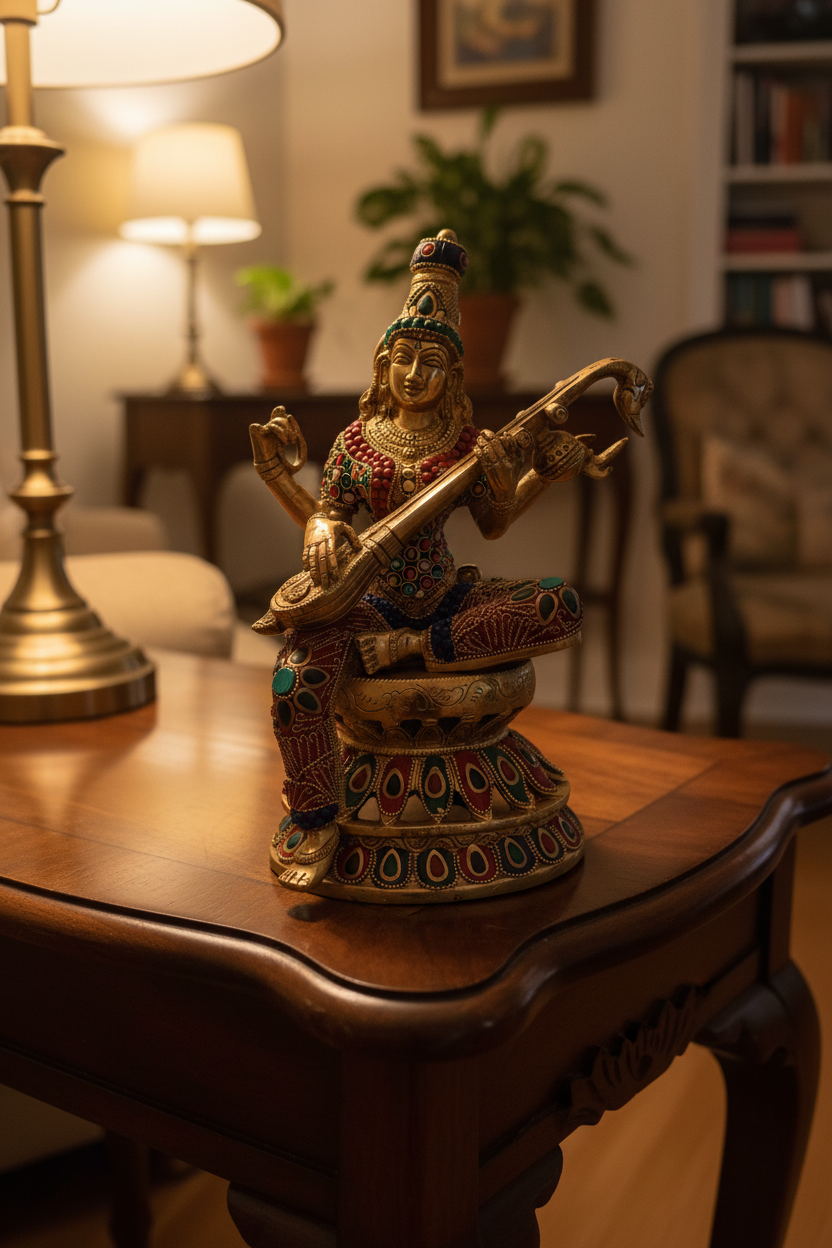 Brass Sarasvati Statue with veena sitting on Kamalasana
