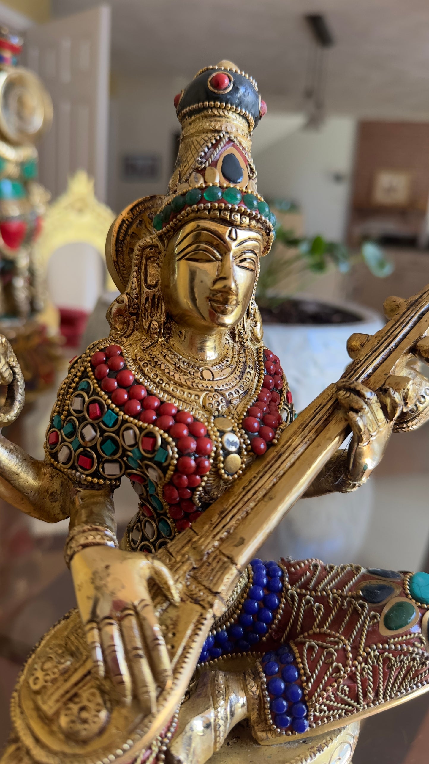 Sarasvati idolwith stonework; Brass Sarasvati Goddess of wisdom Playing veena 12"