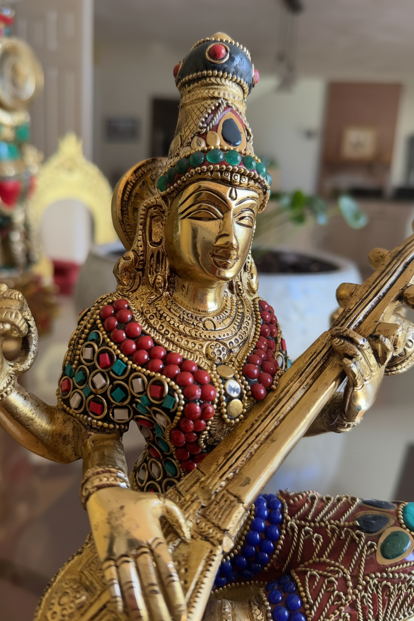 Sarasvati idolwith stonework; Brass Sarasvati Goddess of wisdom Playing veena 12"