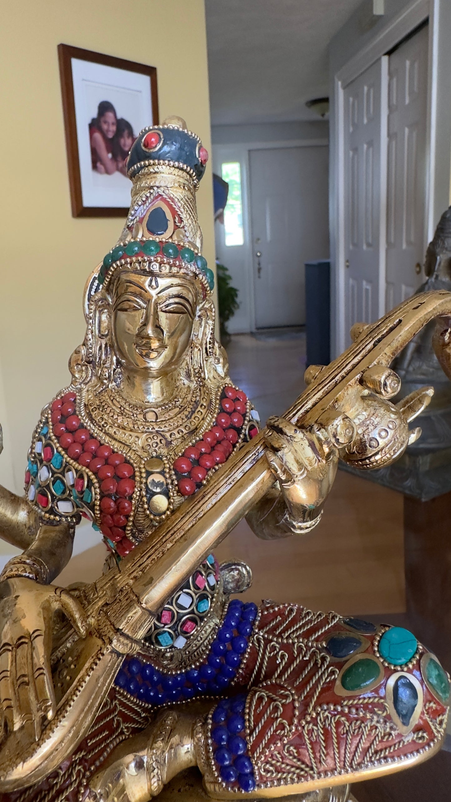 Sarasvati idolwith stonework; Brass Sarasvati Goddess of wisdom Playing veena 12"