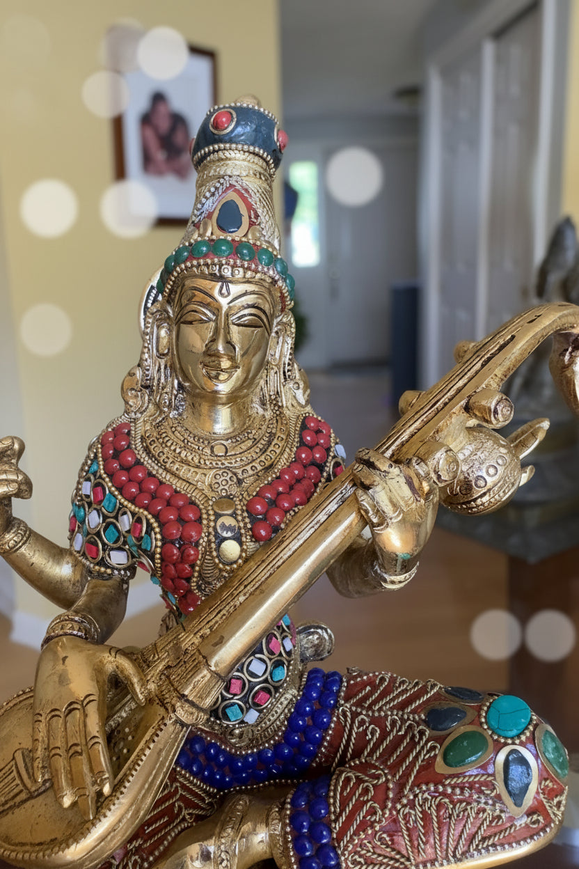Sarasvati idolwith stonework; Brass Sarasvati Goddess of wisdom Playing veena 12"