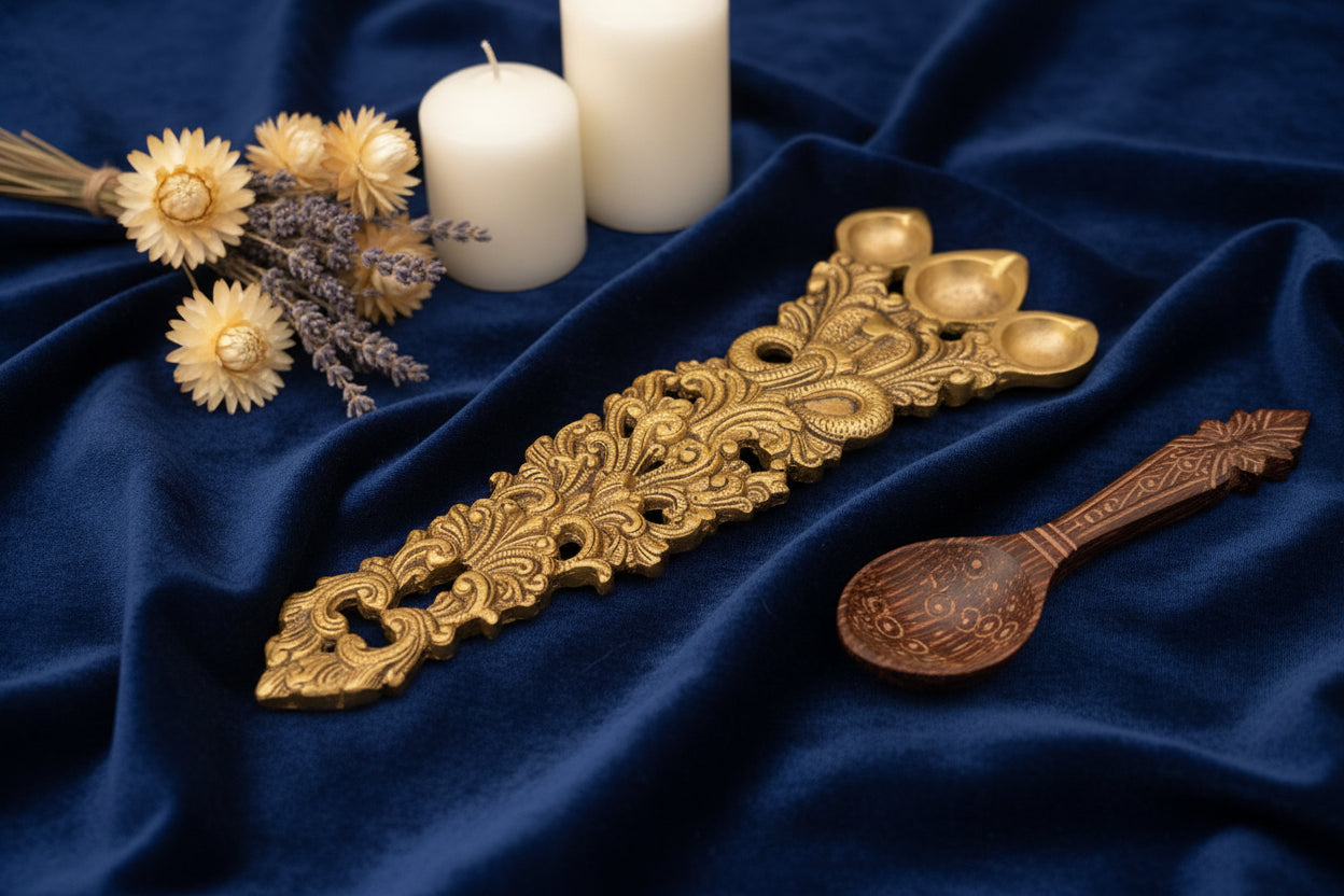 Brass Aarti spoon with three diyas