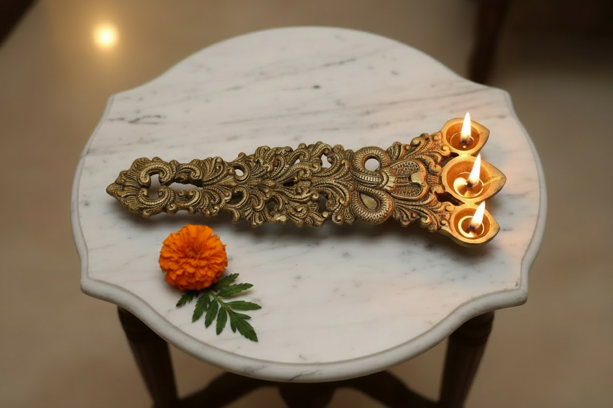 Brass Aarti spoon with three diyas