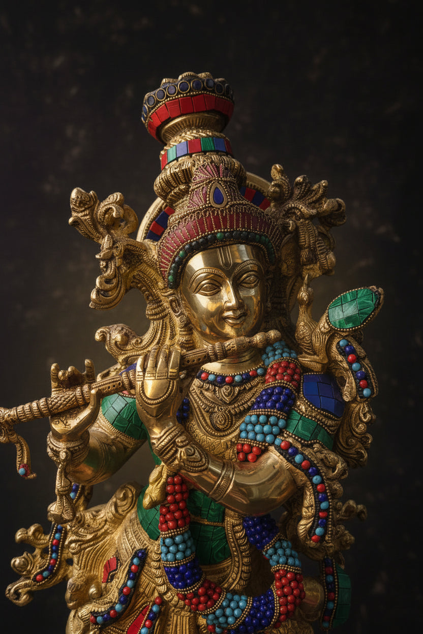 An ornate golden statue of a deity adorned with red, blue, and green beaded details, set against a dark textured background.