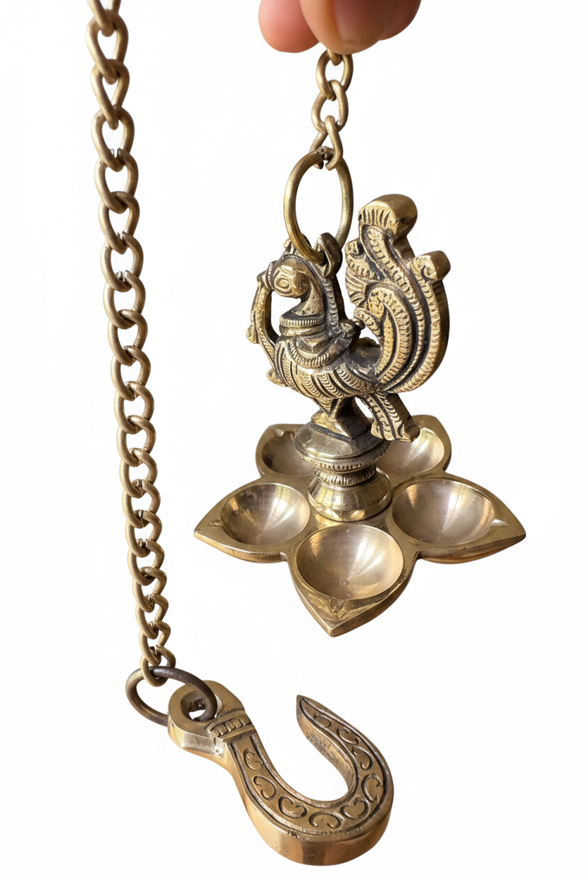 Set of 2 Peacock Brass hanging Diya set, Traditional Indian Décor, 5 Wick Diya's