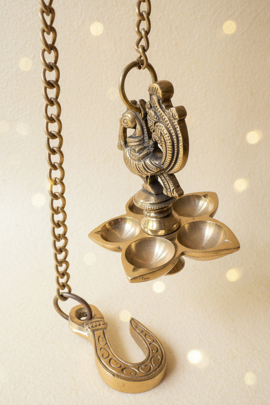Set of 2 Peacock Brass hanging Diya set, Traditional Indian Décor, 5 Wick Diya's