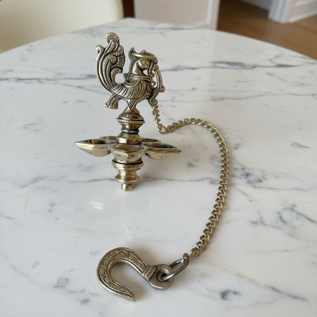 Set of 2 Peacock Brass hanging Diya set, 5 Wick Lamp