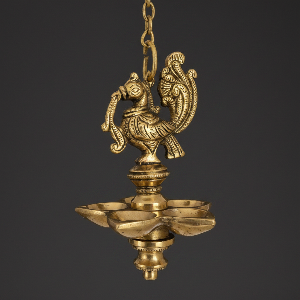 Set of 2 Peacock Brass hanging Diya set, 5 Wick Lamp