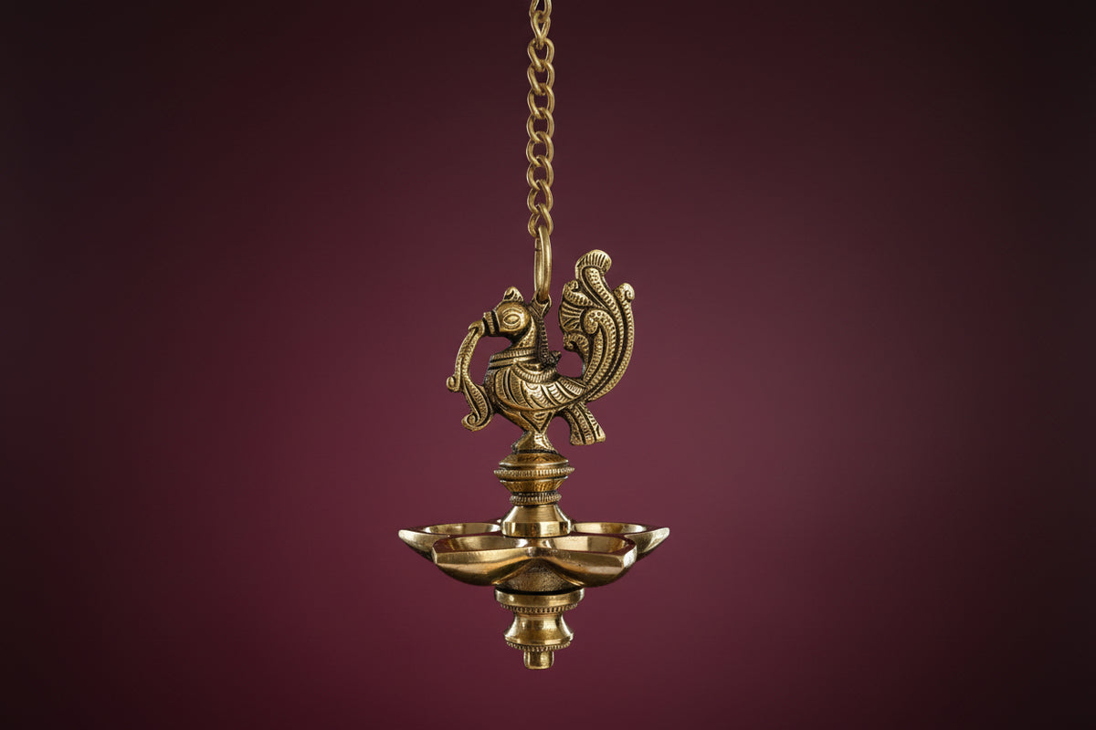 Set of 2 Peacock Brass hanging Diya set, 5 Wick Lamp