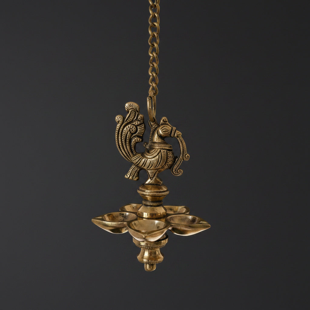 Set of 2 Peacock Brass hanging Diya set, 5 Wick Lamp