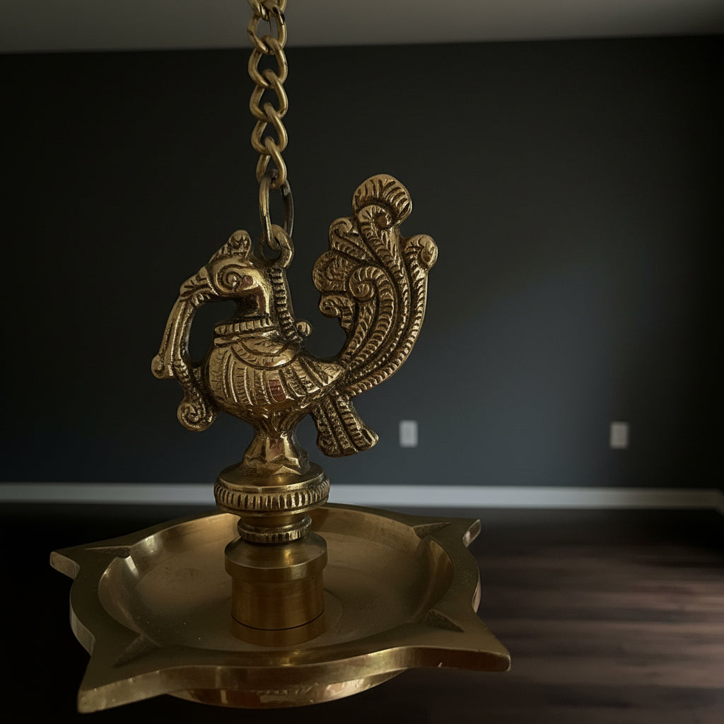 Set of 2 Peacock Brass hanging Diya set, Stunning handmade pair of hanging lamps,