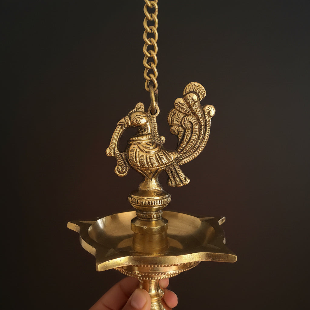 Set of 2 Peacock Brass hanging Diya set, Stunning handmade pair of hanging lamps,