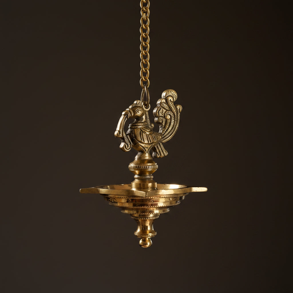 Set of 2 Peacock Brass hanging Diya set, Stunning handmade pair of hanging lamps,