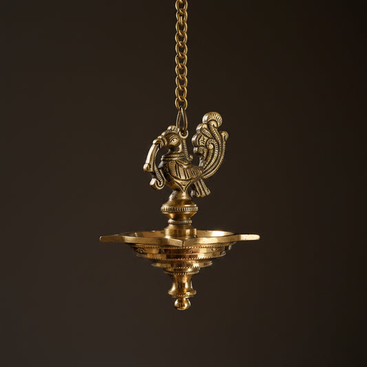 Set of 2 Peacock Brass hanging Diya set, Stunning handmade pair of hanging lamps, - The Golden Heritage
